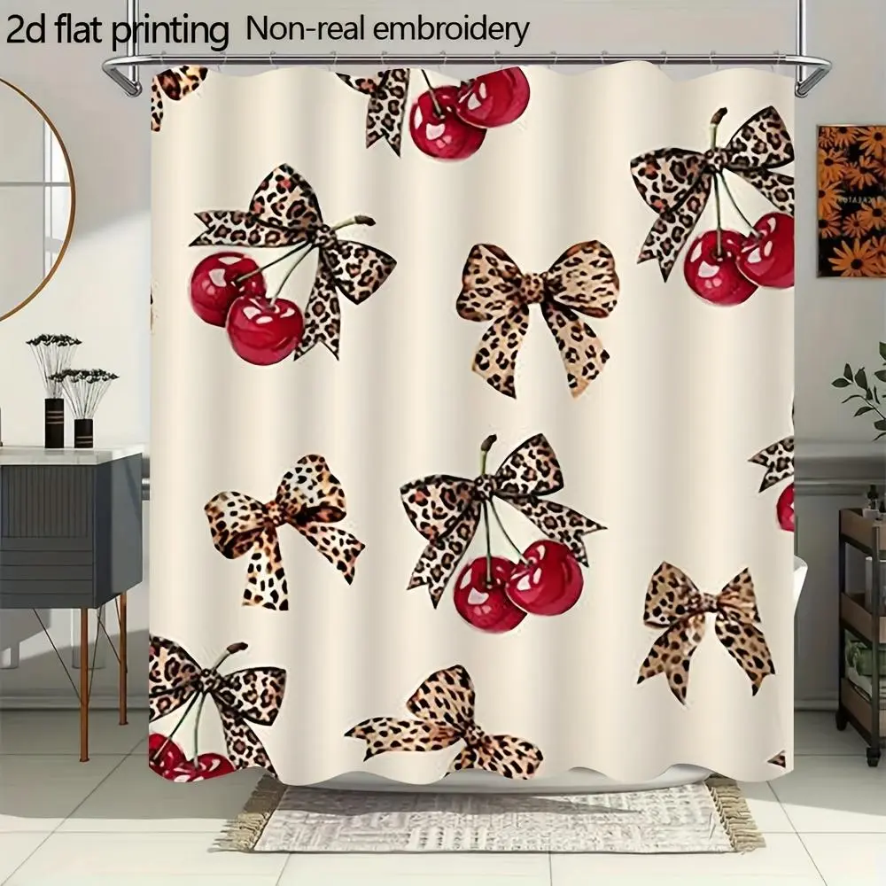 1pc Polyester Cherry & Leopard Bow Shower Curtain - 66x72in Grommet Top, Machine-Washable Fabric, Elegant Bathroom & Room Decor for Home, RV, Valentines