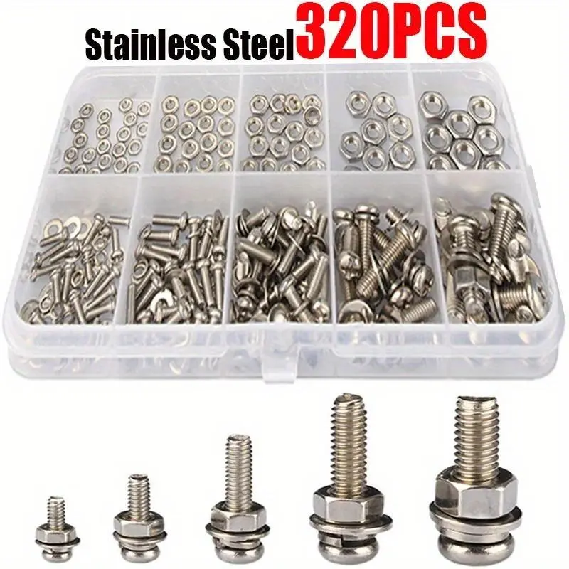 Stainless Steel 320Pcs Assortment Kit - M2 M2.5 M3 M4 M5 Metric Nut and Bolt Assortment - SS304 An Head Screws Nuts Bolts