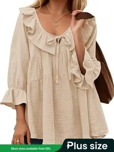 【Plus Size】 Solid Color Woven Ruffle Trim Tie Front Blouse, Casual Long Sleeve Low-neck Top for Daily Wear, Women's Clothing for All Seasons, Beige