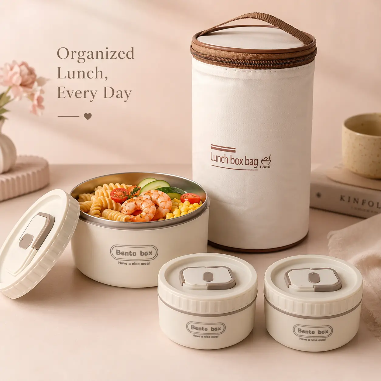 3-Piece Reusable Stainless Steel Lunch Container Set with Insulated Lunch Bag, 1 Large + 2 Small SUS304 Nontoxic Leakproof Multi-Compartment Bento Boxes, Stackable Microwave Cooking Bowl, Portable for Work, Outdoor Camping