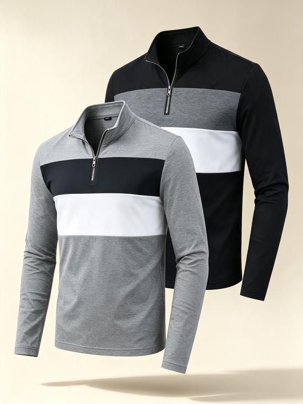 polo shirt 2-piece men's autumn half zip pullover hoodie, fashionable color blocked long sleeved top, suitable for casual, golf, and travel wear