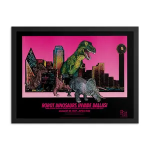 Robot Dinosaurs Invade Dallas Framed Poster
