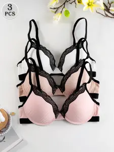 ✨ 3 Pack Sexy Lace Trim Push Up Bra! Underwire Support & Anti-Sag, Adjustable Thin Straps Back Closure, Side Boob Control No Slip No Shift, Versatile For Daily Commute & Date Night! Fit