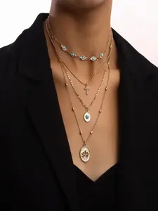 Boho Layered Necklace Set, Vintage Style, Turquoise Cross Lotus Pendant, Anti-Oxidation Alloy, Women's Daily Commute/travel Chain