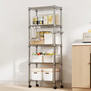5-Tier Heavy Duty Storage Shelves 1100 LBS Metal Wire Rack Shelving with Lockable Wheels, 61.8"H Rolling Storage Rack for Kitchen Garage Bedroom Organization