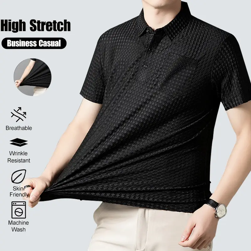 High Stretch Men's Polo Shirt -2025 New Skating Fiber Fabric Jacquard Sports and Leisure Fashion Top, Breathable High Elastic Short Sleeve Summer Soli