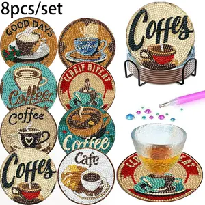 8-Piece Diamond Art Coaster Set with Stand, DIY Coffee Series Pattern, Suitable for Adults and Beginners, Perfect Gift for Friends