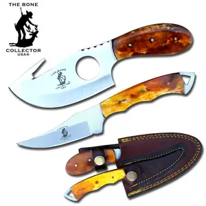BC 859-YBN 2PCS Hunting Knife Set 7" Bone Collector Yellow Bone Handle Knives with Leather Sheath
