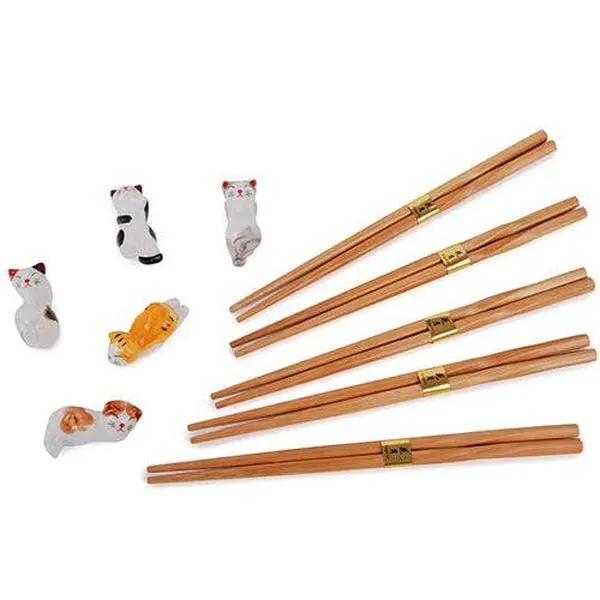 5 pc Chopsticks and Cats Porcelain Chopsticks Rest Gift Set