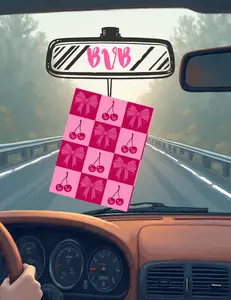 Unscented Pink Cherries and Bows Checkered Car Feltie