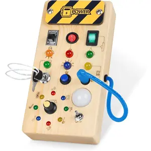 Montessori Wooden Busy Board with 8 LED Light switches, Sensory Toys Light Switch Travel Toys for 1+ Year Old Baby and Toddler