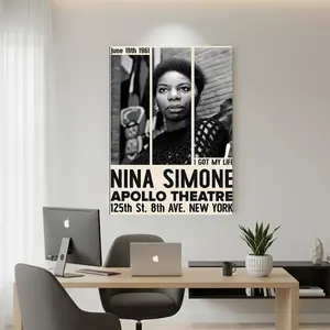 Framed 2D Flat, 1pc Vintage Nina Simone Apollo Theatre Poster Canvas  - Black and White Jazz Legend Portrait with Framed edges, June 19, 1961 Concert Vintage - Musical Decor for Living Room, Office, Bar - Ready-to-Hang Birthday, Father's Day, Graduat