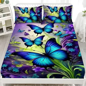 Bed Sheet Set - 3-Piece Set with 2D Flat Printing, Blue Butterfly and Purple Flower Pattern, Mattress Protector in Ten Sizes (1*fitted sheet + 2*pillowcases, no filling), Soft and Comfortable Bedding Set, Suitable for Home Bedrooms and Guest Rooms