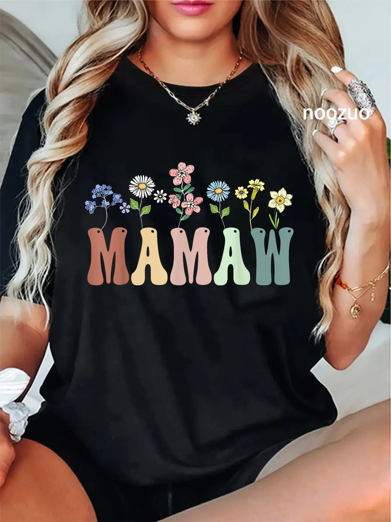 Women's 100% Cotton Casual Short-Sleeve Graphic T-Shirt, Lady's Everyday Mamaw Gift with Wildflower Floral Design, Shortsleeve, Round Neck, Top, Tshirt, Vintage, Tops, Mamaw Theme, Distressed Edge, Whimsical Look, Crew Neck, Streetwear