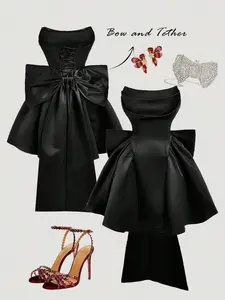 Pink Satin Bandeau Bow Mini Dress Fitted Corset Tube Party Dress For Women
