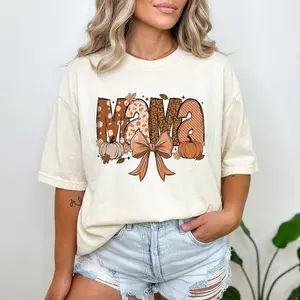Leopard Dot Fall Mom Printed Tee, Elegant Pumpkin Bow Design Crew Neck Top, Casual Comfort Fit, Trendy Daily Wear For Mommy Autumn Styling