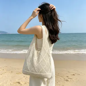 Hexagonal Wave Knit Shoulder Bag, Large Capacity Single Strap Tot Bag, Relaxed Beach Vacation Essential, Trendy Knitted Bag