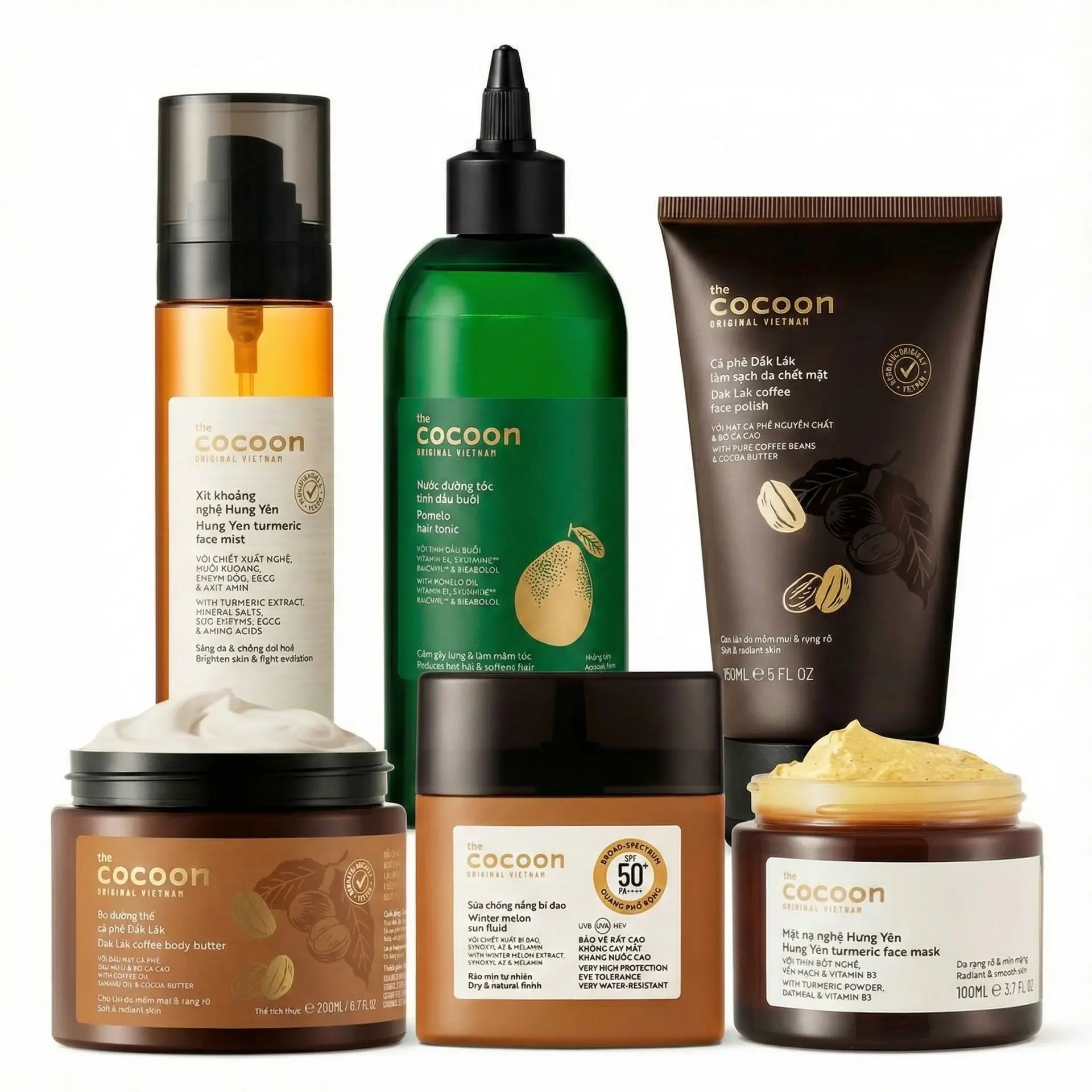 COCOON Ultimate Glow & Renewal 6-Piece Set - Full-Size Hair, Face & Body Care with Turmeric Face Mask, Coffee Polish & Sunscreen for Smooth Skin