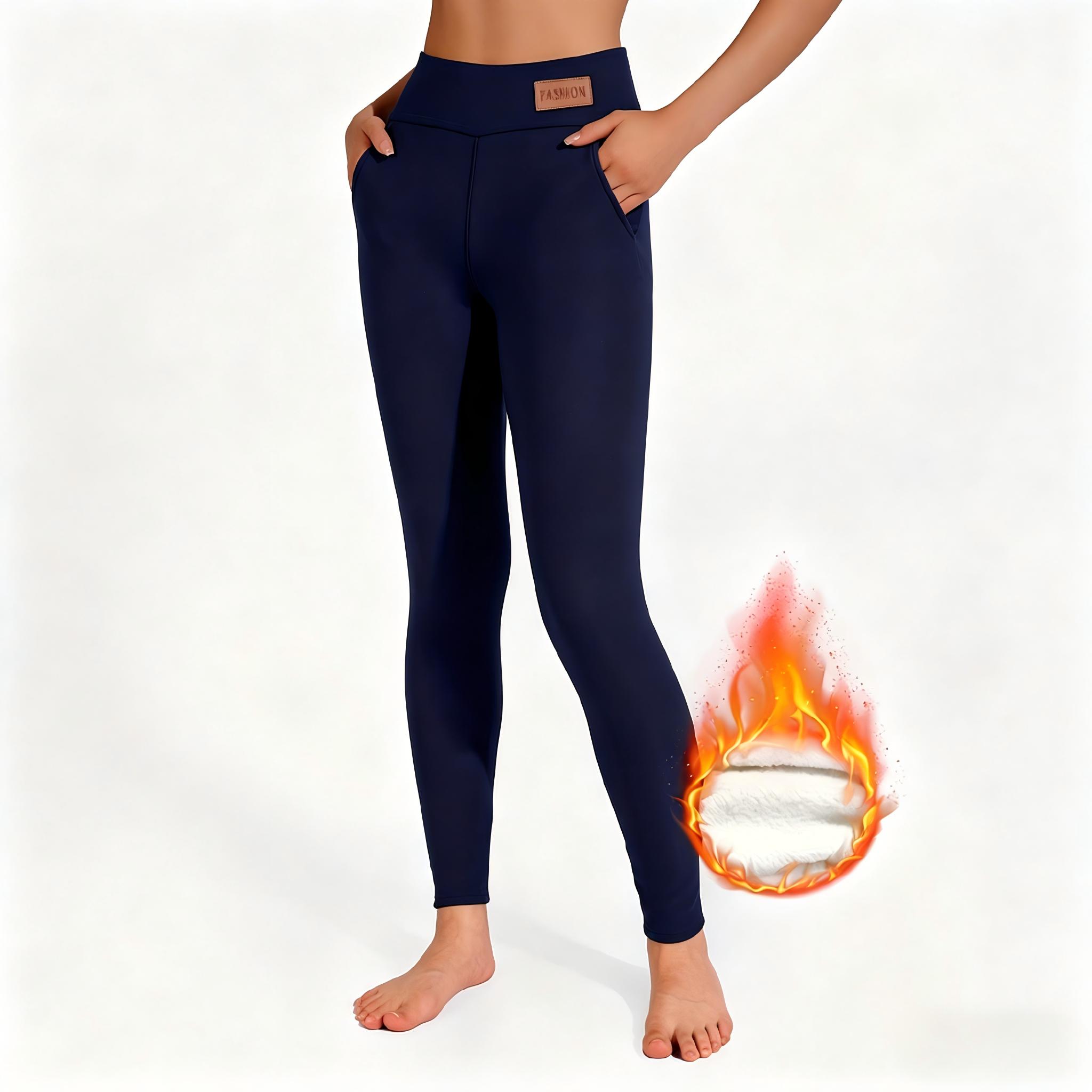 Warm Long Fleece Lined High Waisted Leggings Casual Elastic Pocket Pants Sporty Style All Seasons Plain Pattern Minimalist Womenswear