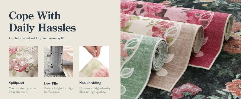 Lahome Floral Area Rug Non-Slip Boho Vintage Under Bed Rugs for Living Room, Stain Resistance, Ultra-Thin Design for Office Dining Room