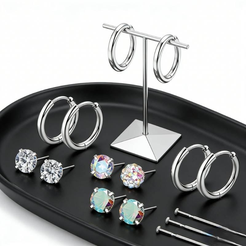 33Pcs Flat Back Earrings for Women with Piercing Ball Grabber Tool - 316L Surgical Steel Cartilage Hoop Earrings Stack, Internal Thread CZ Stud Piercing Jewelry for Tragus Helix Conch & Hypoallergenic Lip Nose Rings Hoops