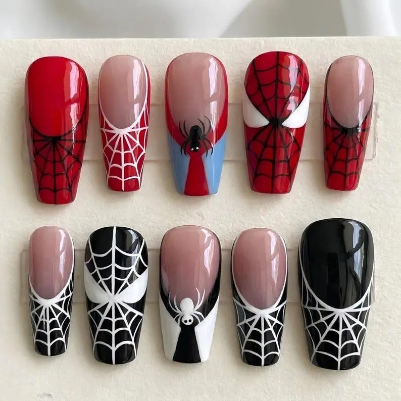 Hand Painted Spider Comic Press On Nails | 3D Web Acrylic Coffin Fake Nails | Superhero Inspired Nail Art Set for Cosplay, Halloween, Parties or Events