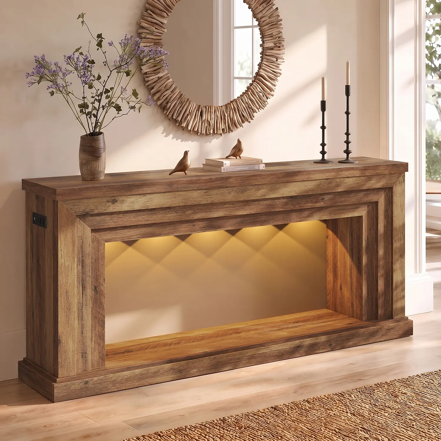 HAUOMS 55” Rectangle Heavy-Duty Engineered Wood Console Table - LED Lights, Power Outlet, Architectural Frame, Adjustable Ambient Lighting, 2 AC+USB+Type-C Ports, Apartment Furniture, Living Room Decor, Entryway Decor