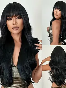 20 Inch Long Wavy Wig with Bangs, Heat Resistant Synthetic Fiber, 100% Density, Lightweight Easy Care for Daily Wear, Parties & K-Pop Style