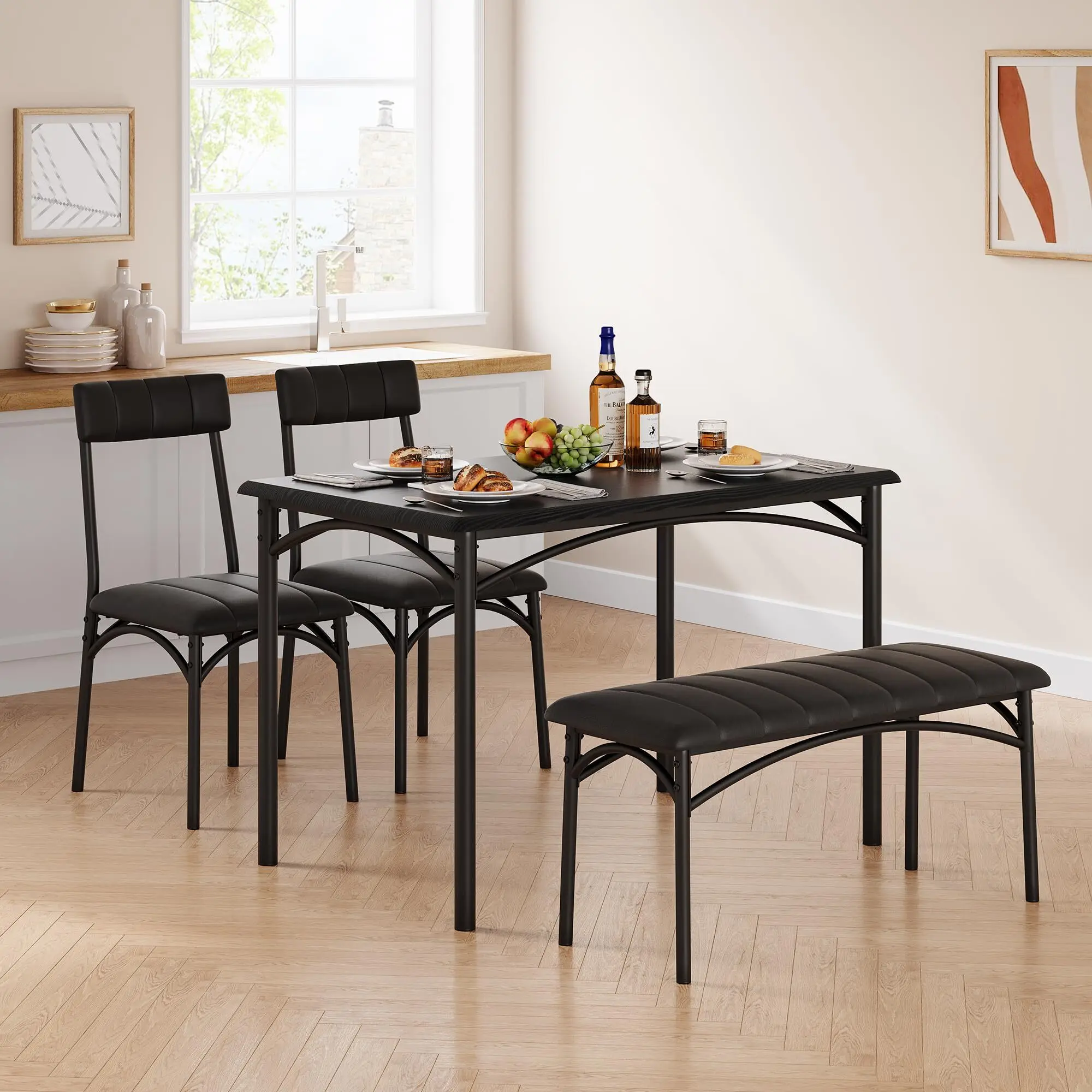Dining Table Set for 4, Kitchen Table and Chairs for 4, Rectangular Kitchen Table Set with Upholstered Bench, Dining Room Table Set for Small Space, Apartment, Dinner, Retro Black