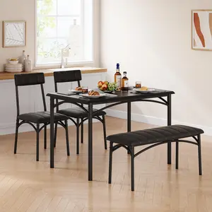 Dining Table Set for 4, Kitchen Table and Chairs for 4, Rectangular Kitchen Table Set with Upholstered Bench, Dining Room Table Set for Small Space, Apartment, Dinner, Retro Black