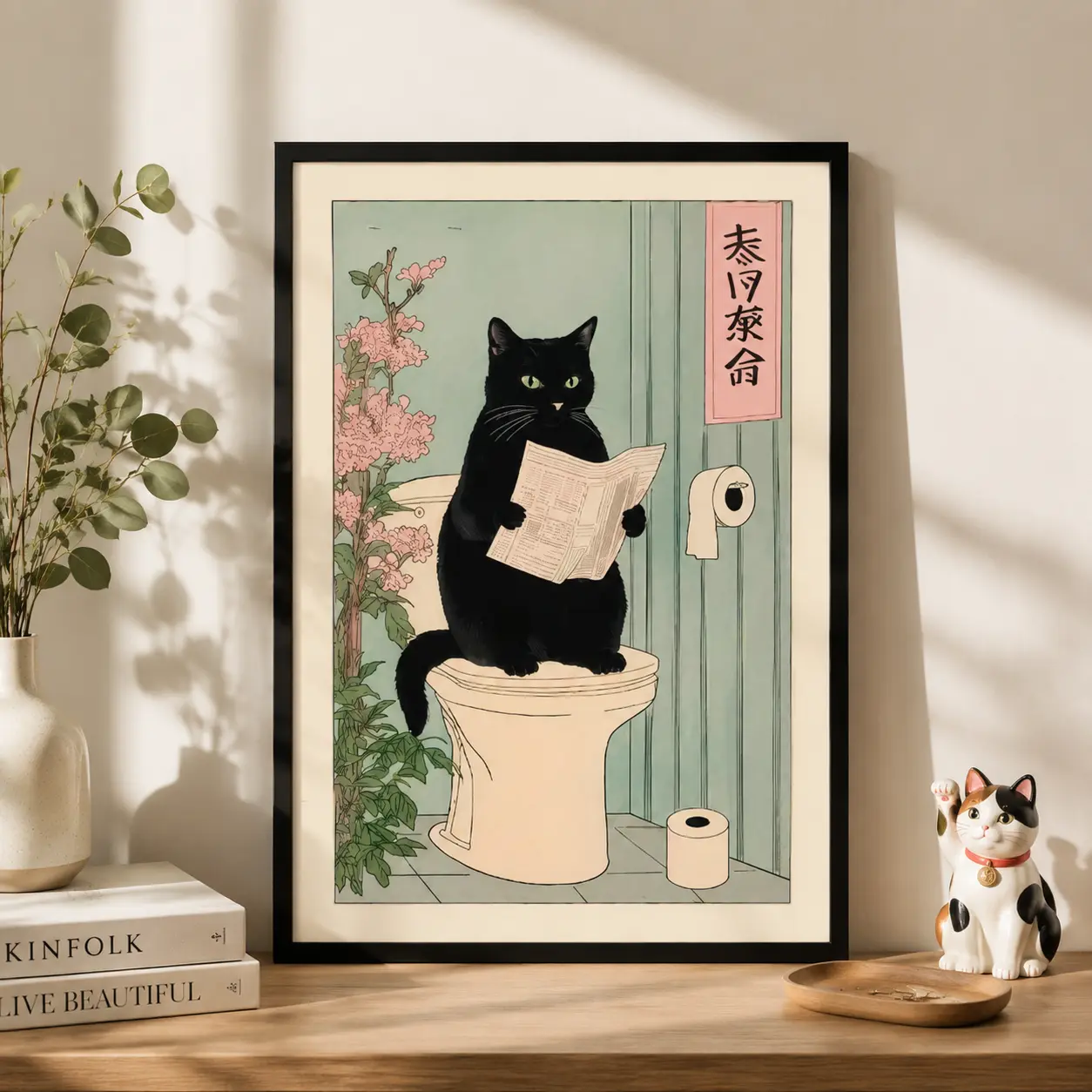 Japanese Black Cat on Toilet Poster – Funny Bathroom Print, Minimalist Japandi Wall Art, Neutral Aesthetic Cat Decor