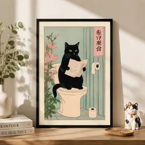 Japanese Black Cat on Toilet Poster – Funny Bathroom Print, Minimalist Japandi Wall Art, Neutral Aesthetic Cat Decor