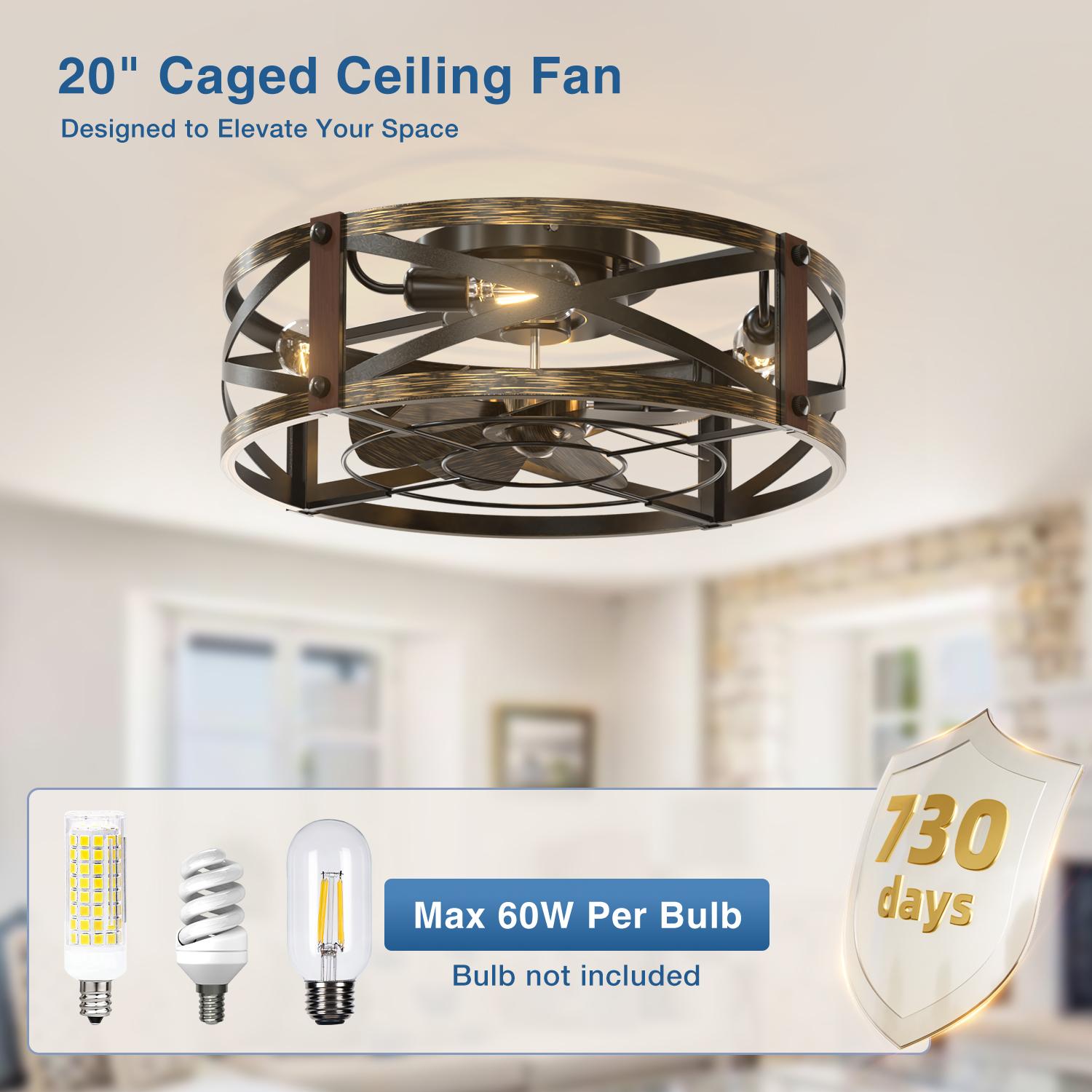 20" Caged Ceiling Fan with Light and Remote, Low Profile Flush Mount Fandelier, Black Bladeless Enclosed Small Fan Lights Ceiling Fixtures, Rustic Farmhouse Style for Bedroom, Outdoor