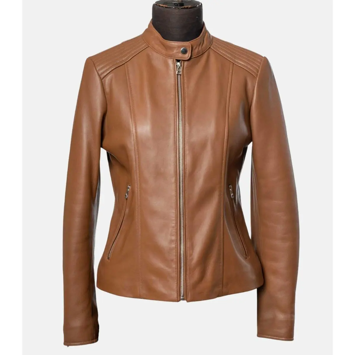 Women's Stylish Brown Leather Jacket with Slim Fit Design