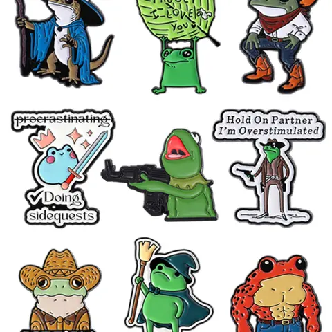 9pcs/set Cartoon Cute Green Frog Enamel Pins Western Cowboy Frog Froggy Leaf Shiba Inu Frog Toad Lizard Wizard Buff Frog Animal Alloy Mini Brooches Lapel Backpack Badge Fashion Jewelry Accessories Gifts for Friends Elegant Brooch Shaped Badges Decor Pins