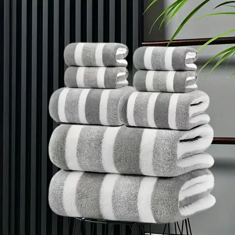 8-piece set, no hair loss, super water absorption, super soft two-color striped interval bath towel combination, including 2 large bath towels, 2 large face towels, 4 hand towels Grey, Bath Towel Sets, Super Absorbent Towels