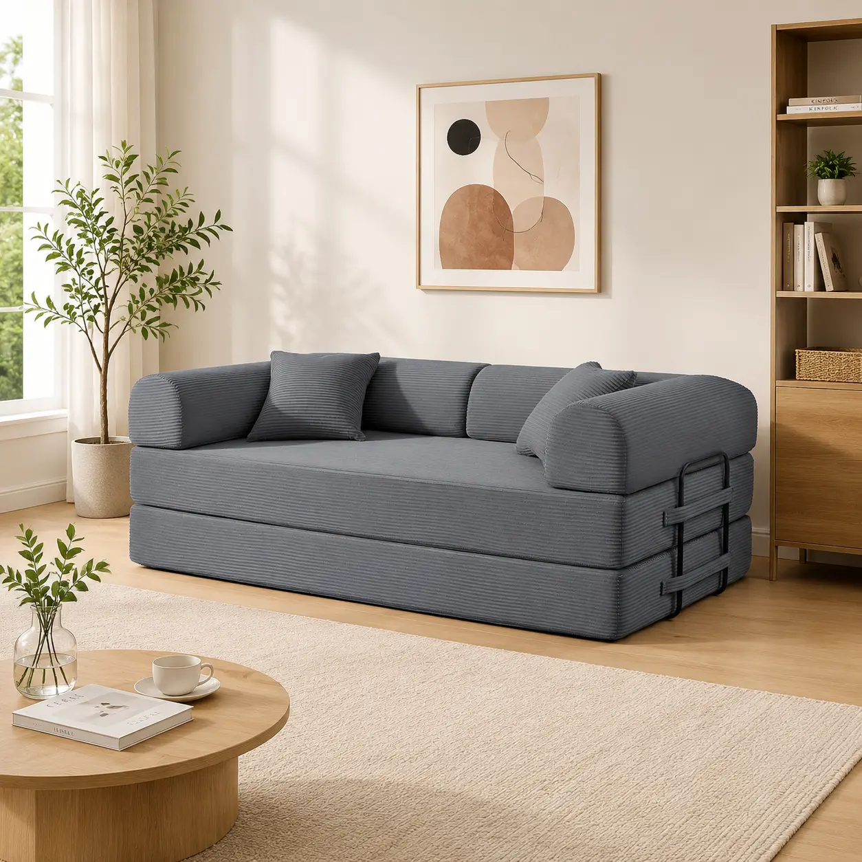 Corduroy Compressed Convertible Sofa Bed - Boneless Modular Foldable Floor Sleeper Couch with Pillow for Bedroom, Living Room
