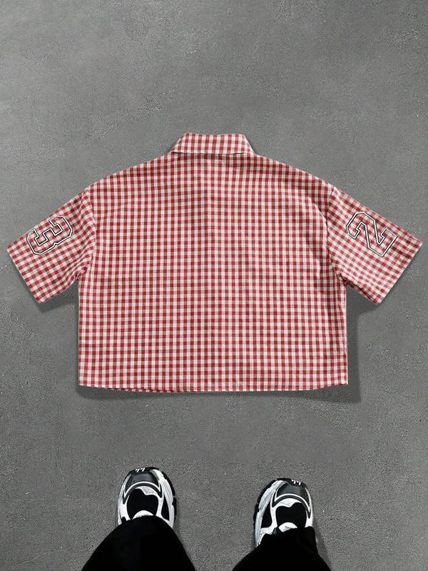 Men's Regular " Los Angeles " Print Short Sleeve Shirt, Casual Retro Gingham Shirt for Daily Wear, Fashion Men's Top for Summer, Fitted