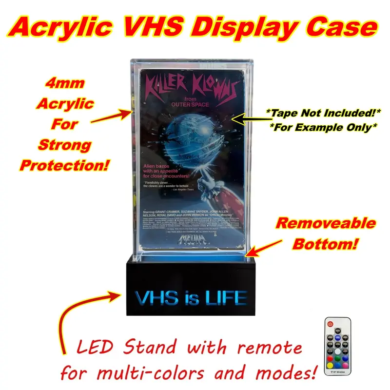 VHS Acrylic Display Case with LED Stand for Standard Size VHS Tapes - Perfect for VHS enthusiasts who want to display and protect their tapes, without sealing them off forever!
