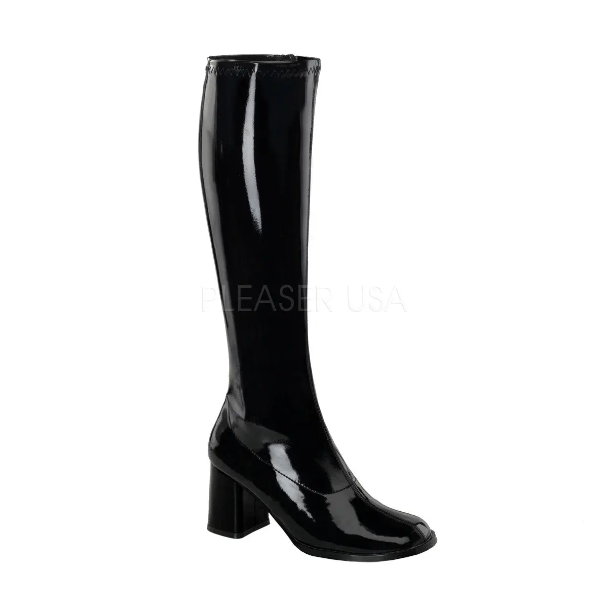 Women's Retro Go-Go Boots - Black Stretch Faux Patent Knee-High Costume Footwear with 3-Inch Block Heel and Side Zipper, Boot, Costume Wear, 12 7/8" (Size 7)