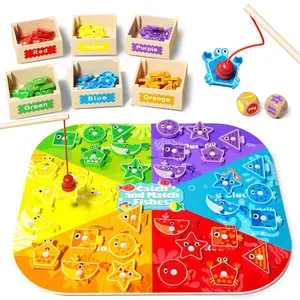 Wooden Geometric Shape Sorting Colorful Fishing Game Toy, 1 Set Color Recognizing Matching Game Toys, Educational Fun Toy for Kids Play