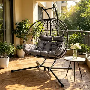 XL 2-Person Double Hanging Egg Chair, Heavy-Duty Wicker Rattan Basket Loveseat with Stand and Cushion, Indoor-Outdoor Patio Hammock Swing for Balcony, Backyard