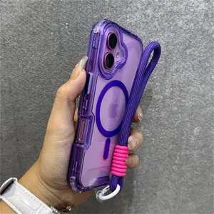 Luxury With Lanyard Clear For Magsafe Phone Case For iPhone 14 13 15 16 17 Pro Max Shockproof Armour Wrist Strap Cover