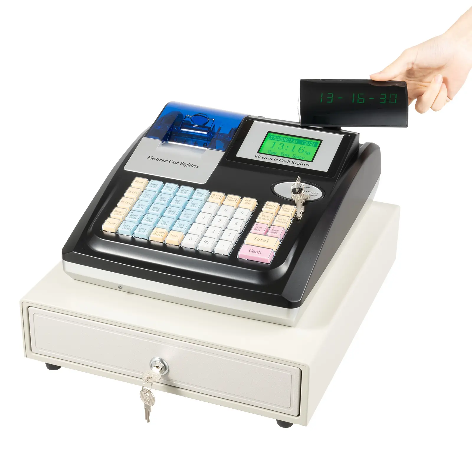 Modern Electronic Cash Register with Thermal Printer, Lockable Cash Drawer, UV Detector, LCM+LED Display, 48-Keys, Multi Interface, High-Speed Print, Barcode Scanners Compatibility for Retail Handling (Supermarket, Restaurant)
