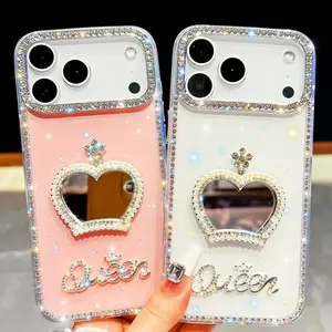 Luxury Glitter Rhinestone Phone Case IMD Craft Crown Makeup Mirror Protective Cover For IPhone 13 14 15 16 17 Pro Max