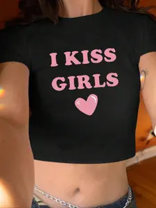 Women's Letter & Heart Print Round Neck Crop Tee, Y2K Trendy Casual Short Sleeve T-shirt for Daily Wear, Ladies Summer Outfit