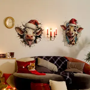 A set of two (30*30cm*2pcs) Christmas "Merry Christmas" simulated 2D hole-breaking animal fun wall stickers for living room and bedroom holiday decoration background wall decals Wall Art Stickers (M18873-YC)