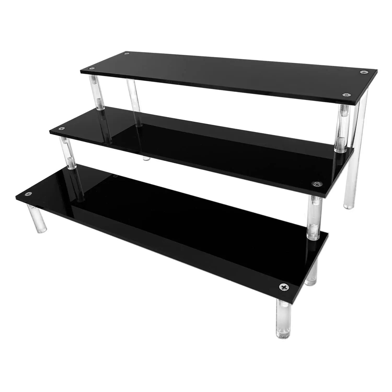 Black Acrylic 3-Layer Beauty Organiser Shelf, 12x8x6 in 1/6" Thick Stable Rectangle Stand, Peelable Protective Bubble Film, Easy Assembly for Perfume Showcasing, Cupcakes (Single Pack)