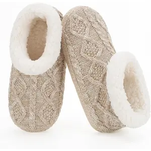 Cable Knit House Slippers for Women Indoor, Sherpa Fleece Lined Soft Loafer Shoes, Winter Warm Fluffy Bedroom Fuzzy Socks Non-slip Grippers, Cozy Gifts Unique