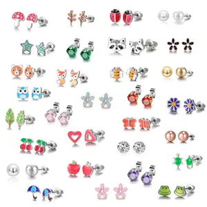 OIDEA 30 Pairs Stainless Steel Multicolor Stones CZ Stud Earrings Set, Including Cute Butterfly, Heart, Pearl Studs for Women and Girls, Multicolor Stones Earrings